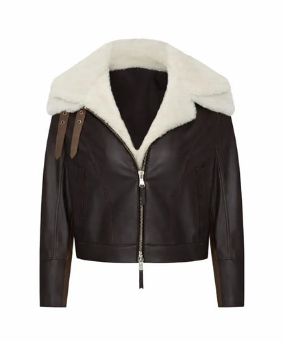 Women Shearling Double Collar Leather Jacket