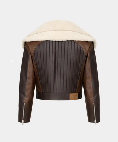 Women Shearling Double Collar Leather Jacket