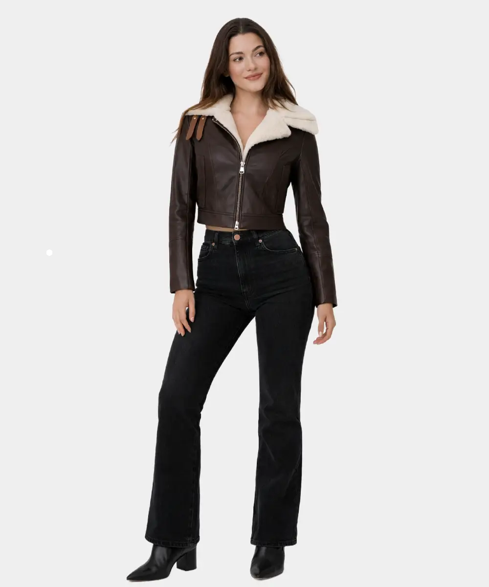 Women Shearling Double Collar Leather Jacket