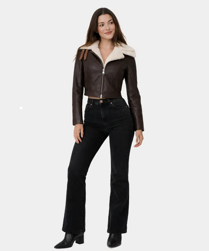 Women Shearling Double Collar Leather Jacket
