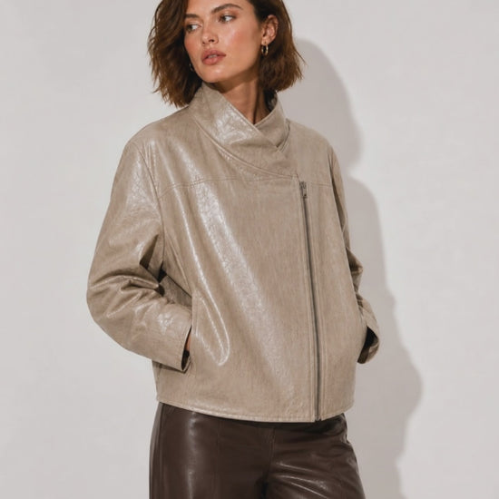 Women’sBeigeFauxLeatherHighNeckJacket