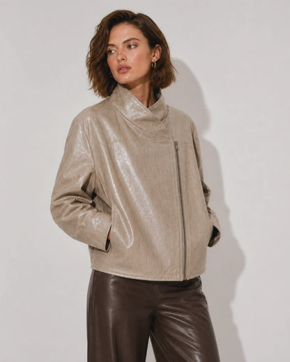Women’sBeigeFauxLeatherHighNeckJacket