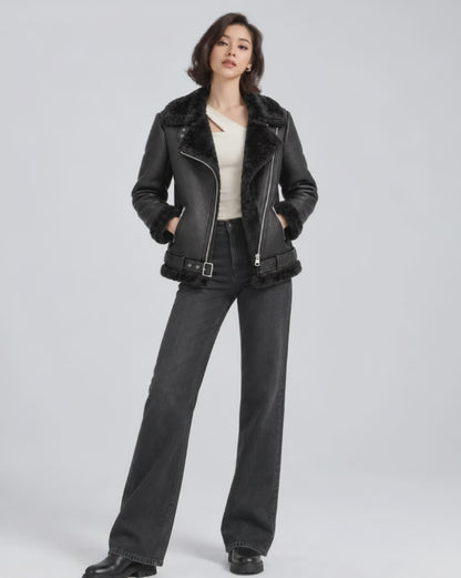 Francesca Farago Black Shearling Asymmetric Moto Coat