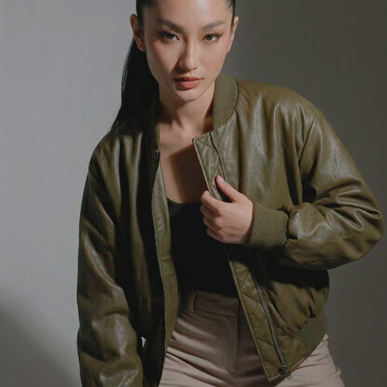 Women Faux Leather Bomber Jacket With Shoulder Pads