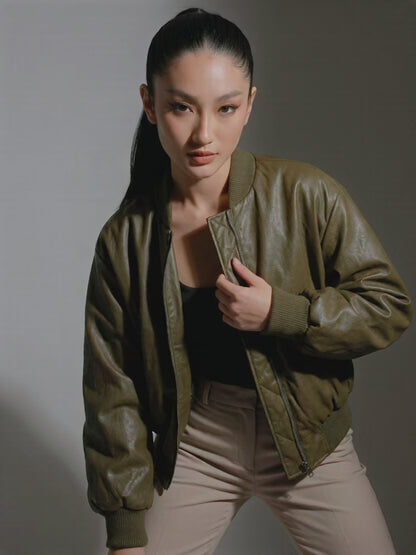 Women Faux Leather Bomber Jacket With Shoulder Pads