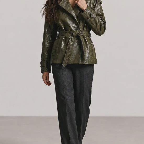 WomenShortGreenFauxLeatherTrenchCoat