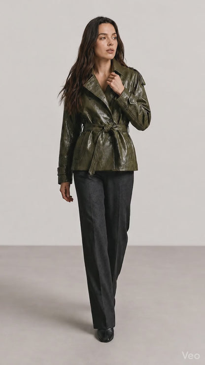WomenShortGreenFauxLeatherTrenchCoat