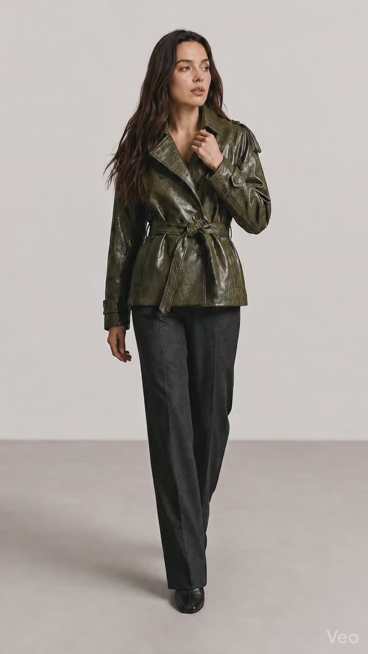 WomenShortGreenFauxLeatherTrenchCoat