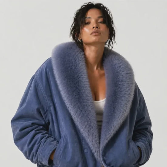 WomenCollectionLimitedEditionOversizeIceBlueSuedeLeatherJacketWithFur