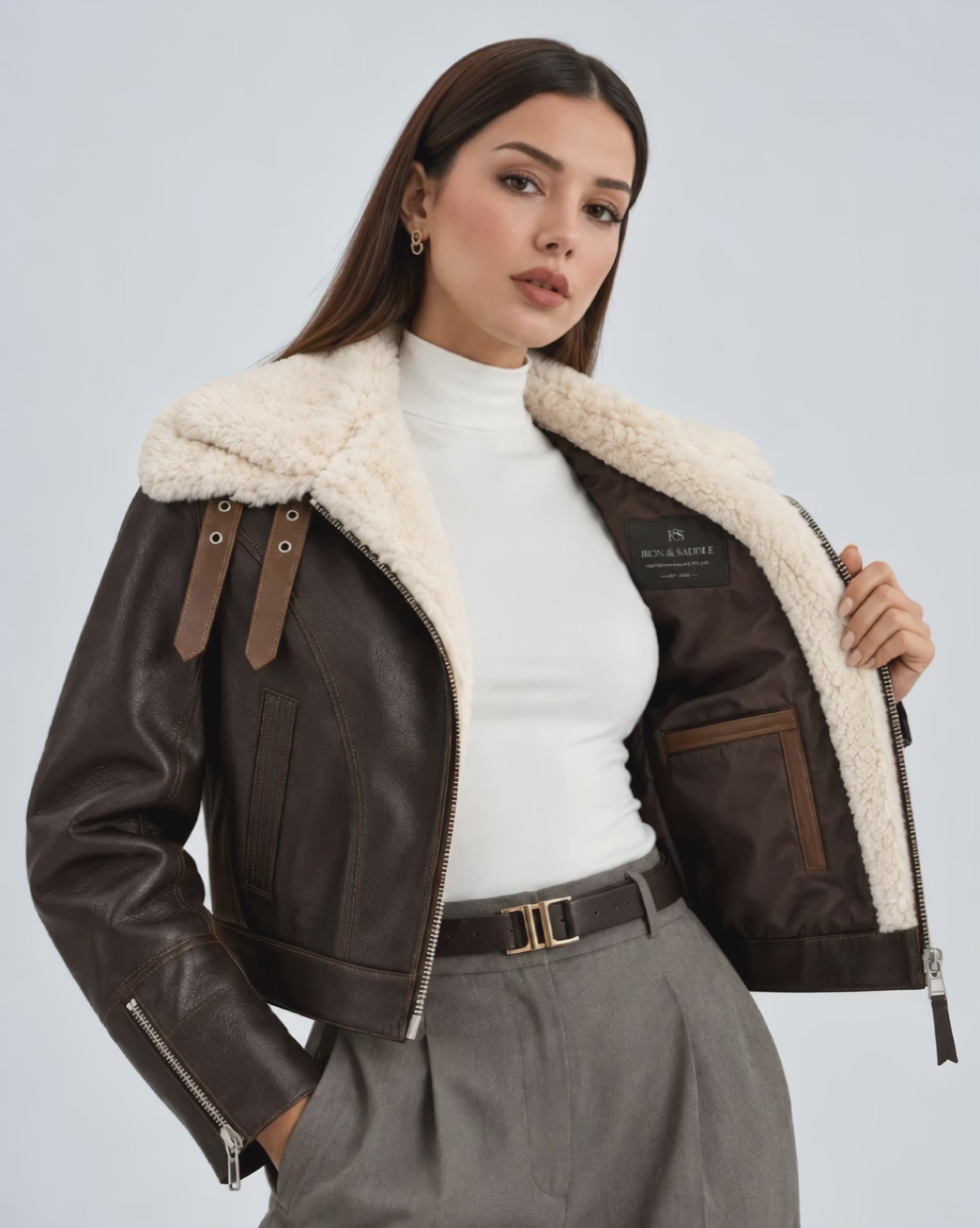 WomenShearlingDoubleCollarLeatherJacket