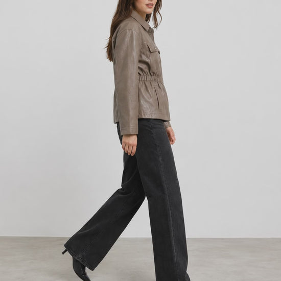 Brown Faux Leather Jacket With Elasticated Waist