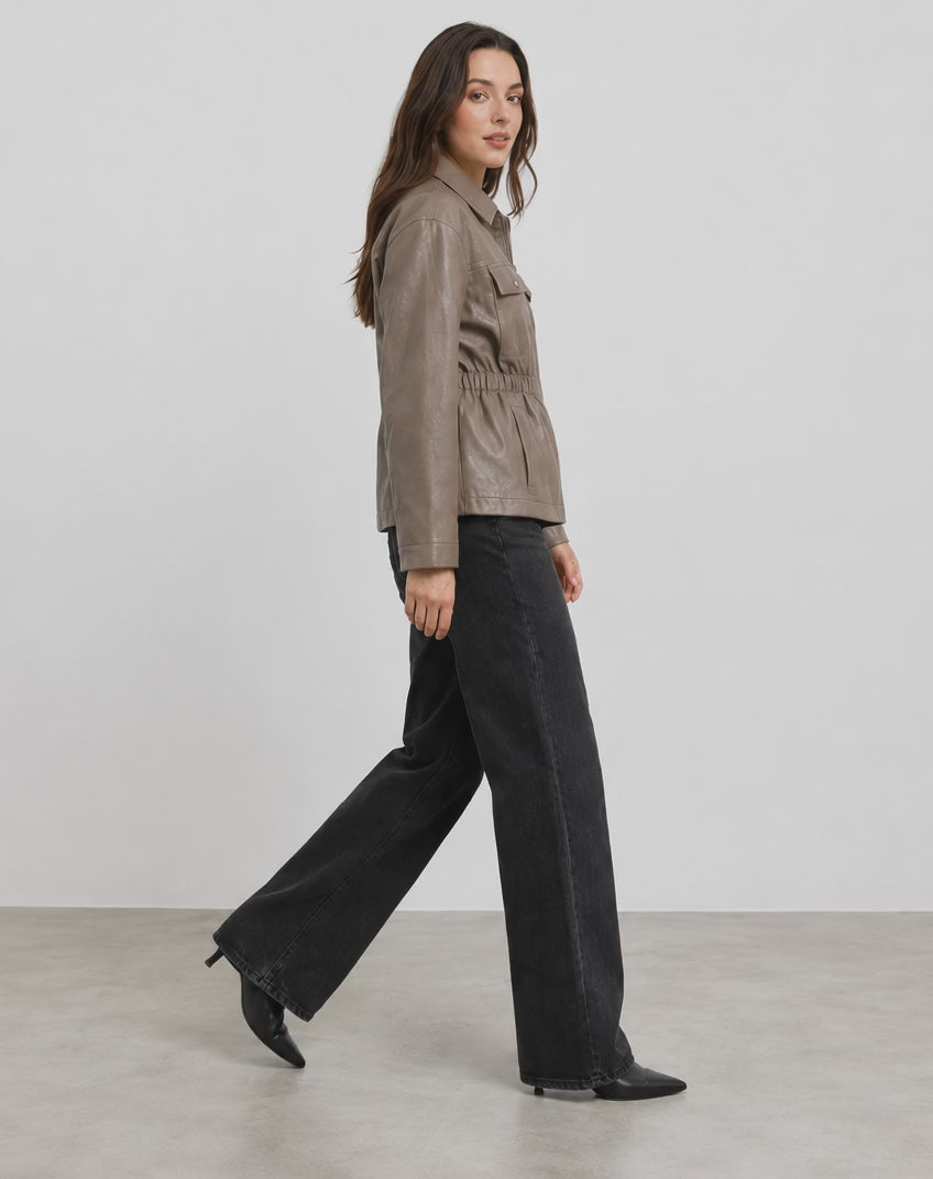 Brown Faux Leather Jacket With Elasticated Waist