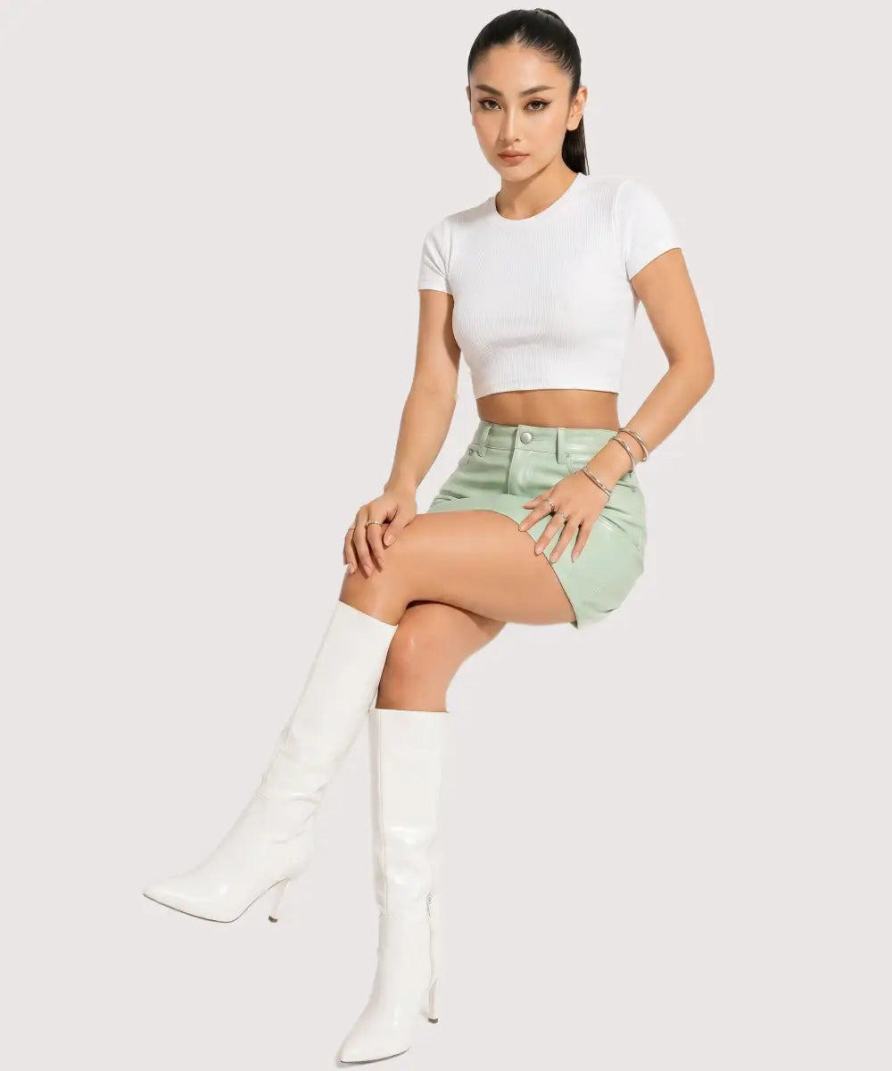 womenEmmaStoneMintGreenLeatherMiniSkirt