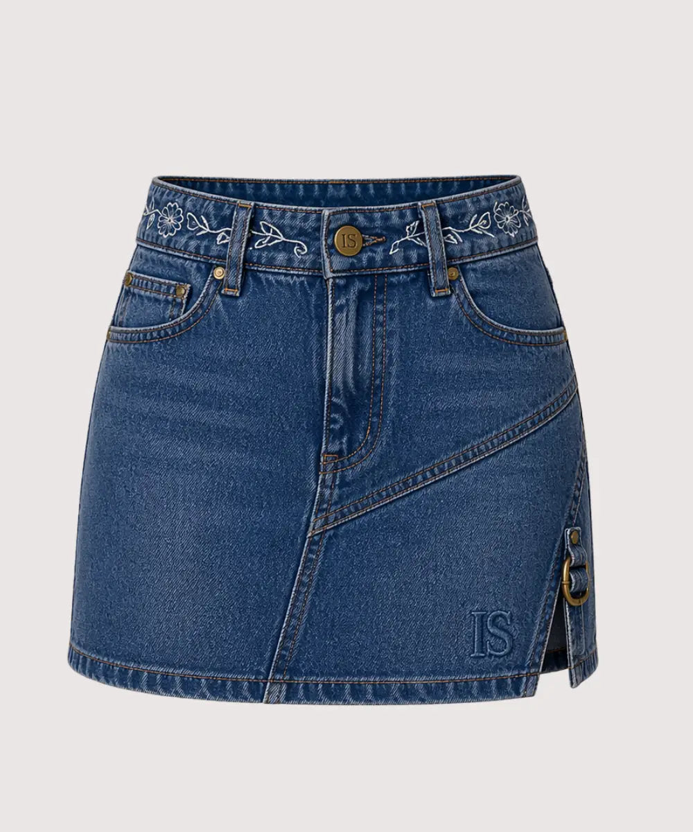 womenLow-RiseEmbroideredBlueDenimMiniSkirt