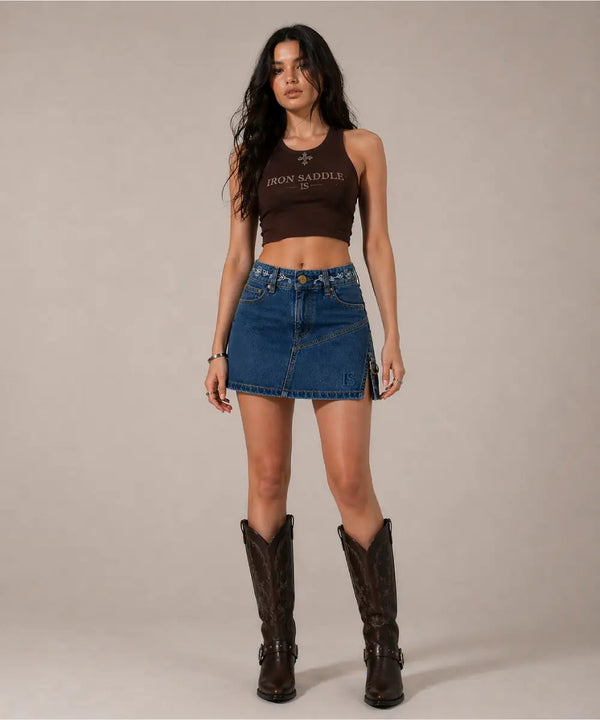 Low-Rise Embroidered Denim Mini Skirt
