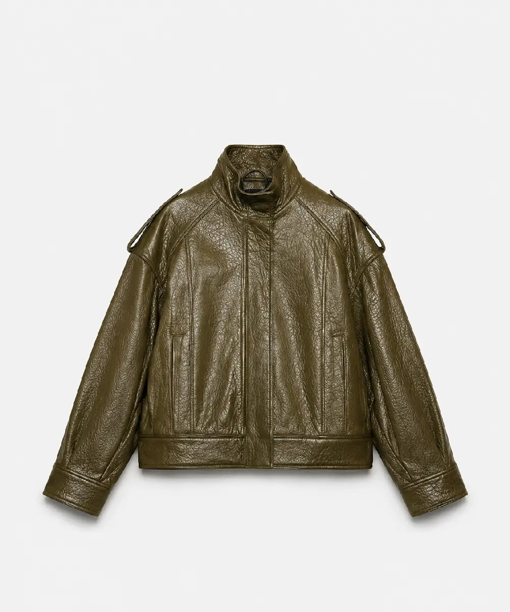 womenOversizedGrained-LeatherBomberDarkKhakiJacket
