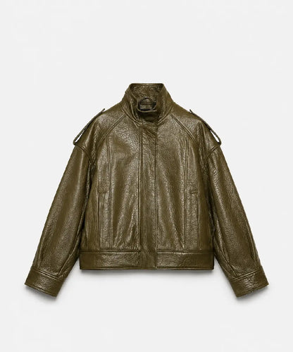 womenOversizedGrained-LeatherBomberDarkKhakiJacket