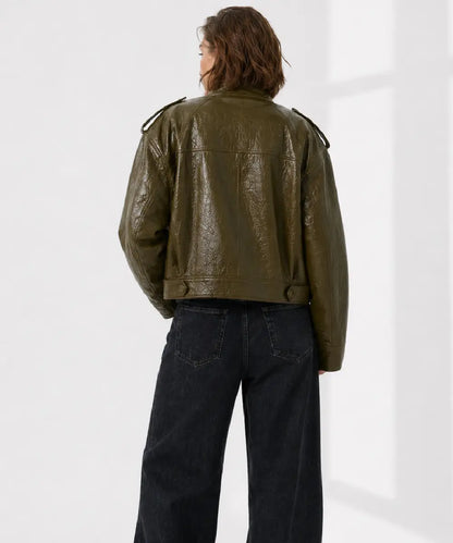 womenOversizedGrained-LeatherBomberKhakiJacket