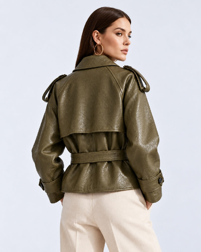 women_Green_Faux_Leather_Trench_Coat