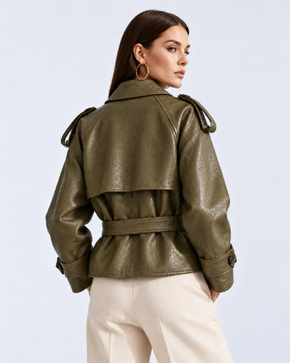 women_Green_Faux_Leather_Trench_Coat