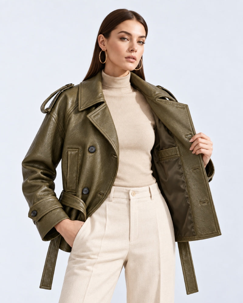 women_s_green_faux_leather_Short_coat